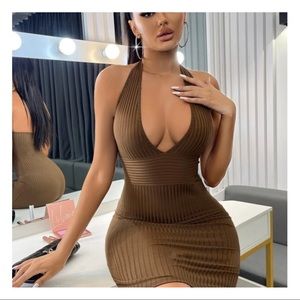 Ribbed Knit Backless Halter Body-con Sexy Dress